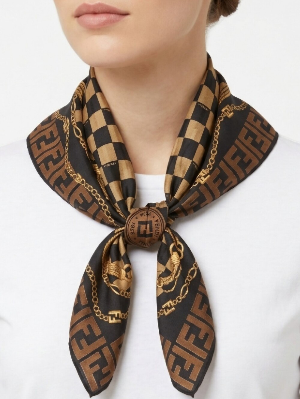 Fendi Roma Brown & Black Checkered FF Zucca Cotton Scarf